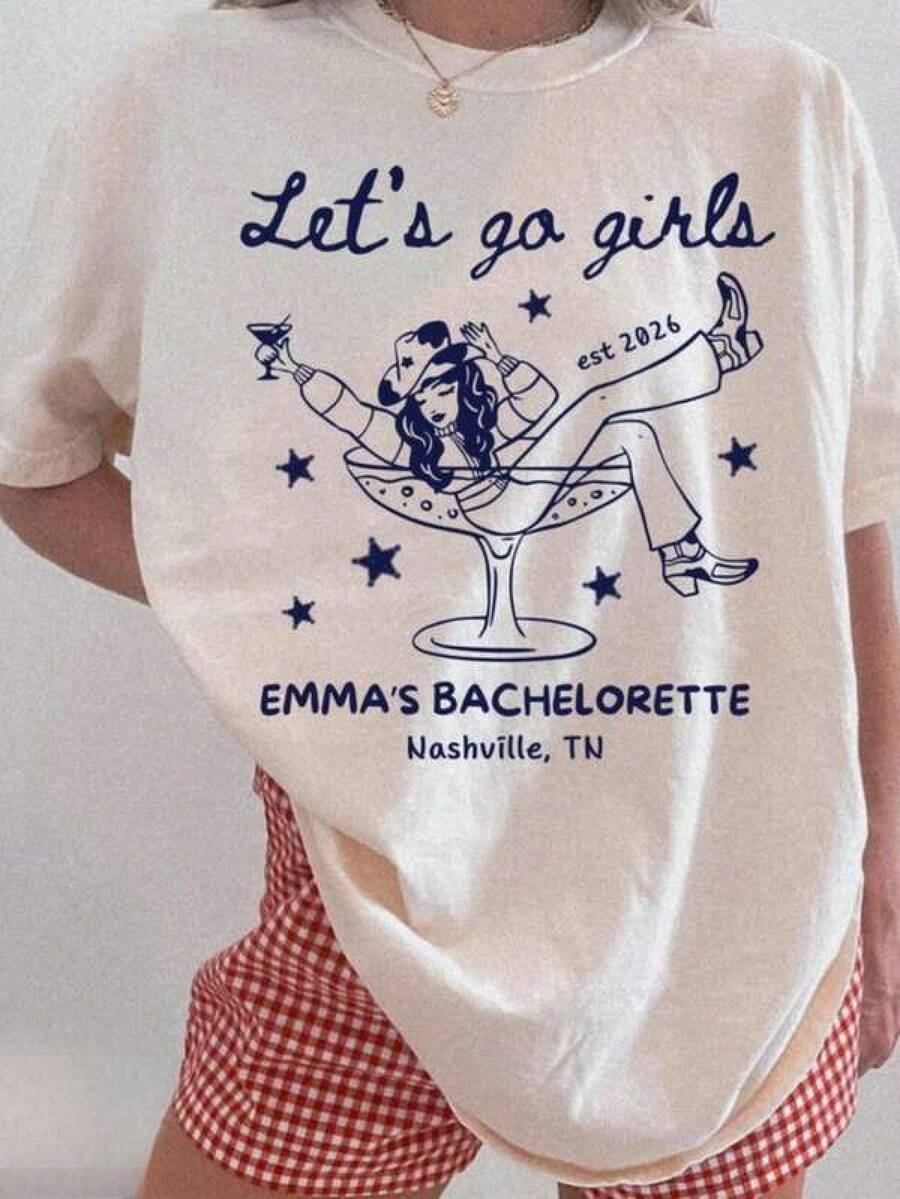 Women's Round Neck Fitted-Shirt 1pc Let's Go Girls, Custom Western Bachelorette Shirt, Cowgirl Bride Tee, Personalized Nashville Bach Shirts, Matching Country Bridal, Personalized Valentine DayEngagementWeddingHolidayDaily Life-Suitable Daily Wear, Vacation, Party - 白色 - 查看 1