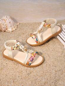 1双女童玫瑰红印花编织串珠凉鞋，鞋面采用织物和串珠材质，编织图案和串珠装饰，低跟平底，舒适透气，波西米亚风格，适合海滩和夏季野餐。 - 白色 - 查看 2