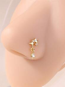 Fashion Dangling Nose Studs Shiny White CZ Star Design Cute Dangle L Shaped Pin Nose Rings For Women Silvery Gold Color Body Piercing Jewelry 20 Gauge - 金色 - 查看 12