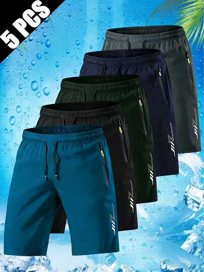 5pcs/Set Men's Loose Quick-Dry Sports Shorts, With Reflective Stripes, Pockets, Drawstring Waist, Suitable For Fitness, Running, Outdoor Activities In Summer