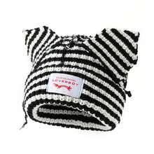 Stripe Knit Beanie Hats Cute Bunny Ears Grunge Cap Fluffy Winter Warm Knit Crochet Outdoor Slouchy Beanie Fashion - Blue White - 查看 7