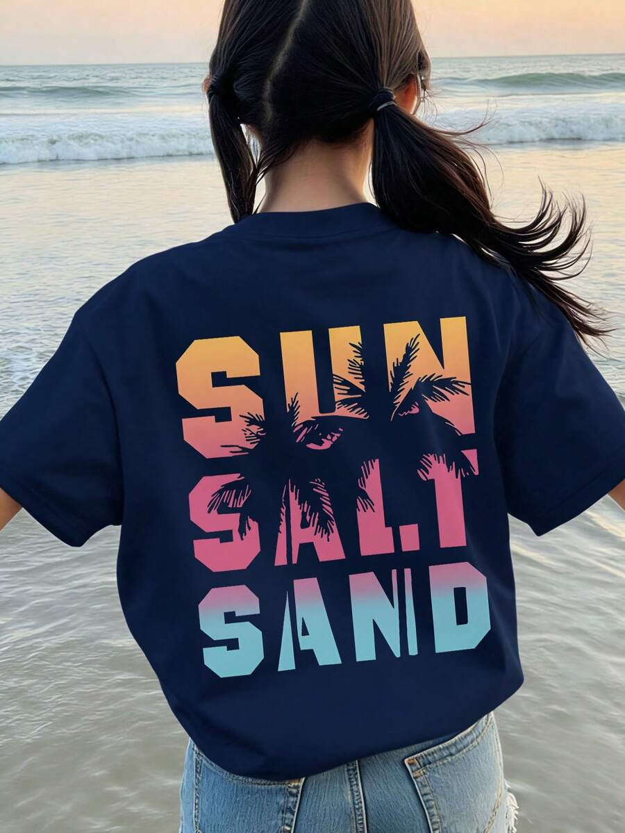 Camiseta holgada de verano estética para adolescentes, estampado "Sun Salt Sand" con decoración de palmeras en degradado, camiseta holgada casual para uso diario - Azul Marino - Ver 1