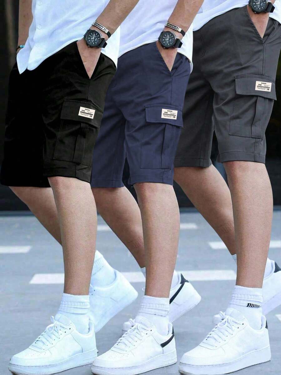 3件組男童青少年戶外休閒運動寬鬆多口袋印花及膝工裝短褲 春夏秋返校穿搭 - 彩色 - 查看 1