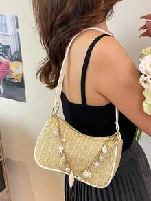 (Mặt dây chuyền được tặng ngẫu nhiên) Túi xách tay bằng rơm hình lưỡi liềm màu trơn thời trang, túi đi biển đa năng, túi rơm thường ngày, túi đựng điện thoại (Mẫu mặt dây chuyền có thể khác nhau), túi tote nữ, túi xách thiết kế. - Màu Khaki - Xem 5