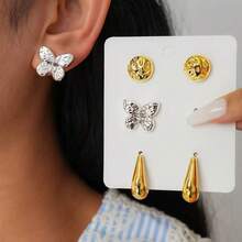 3 Pairs Gold-Tone Earrings Set, Includes Butterfly Stud Earrings, Teardrop Earrings, Suitable For Daily Wear And Parties - Butterfly - View 1