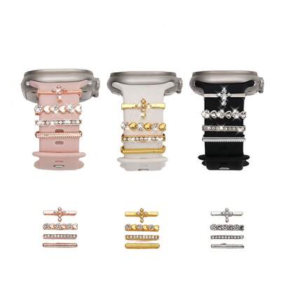 [Luxury Sparkle] 4-Piece Cross & Heart Decorated Watch Band Accessories, Zinc Alloy Rose Gold Refined Decor, Including Rhinestone Cross, Full Diamond Heart, And Two Striped Styles, Compatible With Apple, And Other Mainstream Smartwatches (Watch Band Not Included), Adding Exquisite Atmosphere To Your Wrist, Creating A Unique Personal Style With A High-End Sparkling Touch