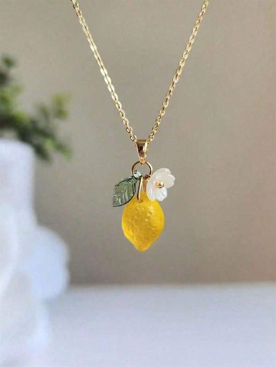 1pc Refreshing & Cute Resin Lemon Flower Pendant Necklace, Sweet Jewelry Gift For Women's Daily Wear - 1個 - 查看 1