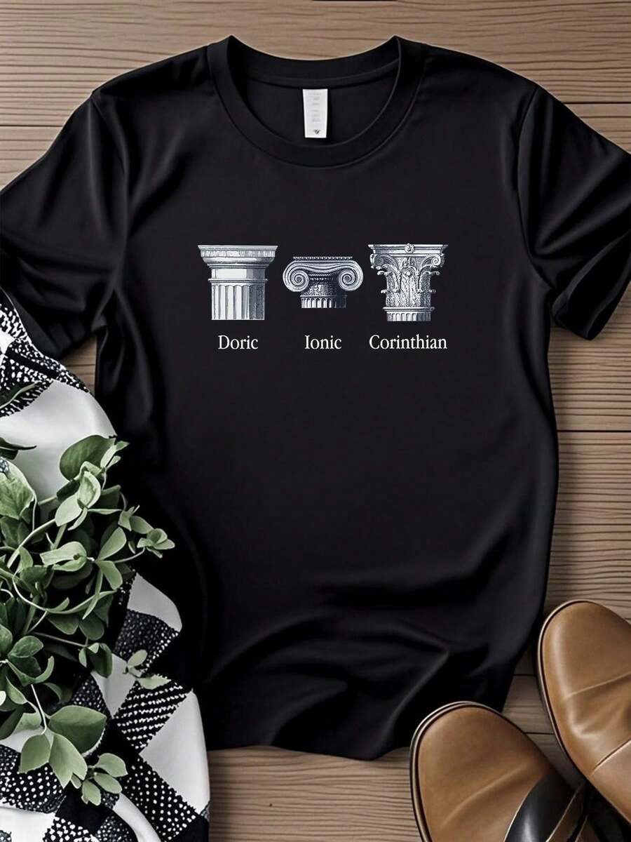 Maglietta da donna con stampa di architettura, T-shirt con gli ordini classici: dorico, ionico, corinzio, storia greca e romana antica per architetti - nero - Visualizzare 1