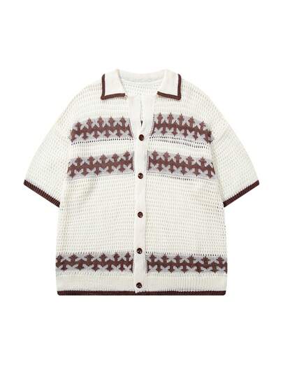 Men's Spring/Summer New Polo Shirt, Business Casual Commute Breathable Mesh Hollow Design, Color Block Short Sleeve Cardigan Knit Top