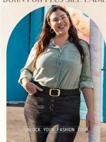 1pc Plus Size Women's Solid Color Minimalist Gold Buckle PU Leather Belt, Suitable For Pairing With Various Pants - Black - View 3