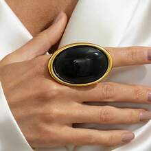 1pc Vintage Style Exaggerated Metal Inlaid Open Ring, With Metallic Luster, Suitable For Personalized Outfit Embellishment - Oval Ring - View 3