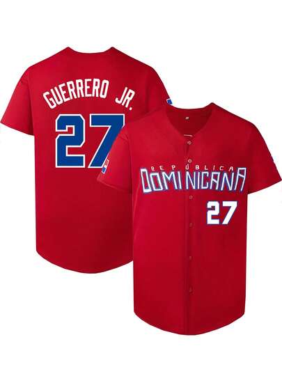 KTYSDE Men's #27 Baseball Jersey, Dominican Letter Embroidered Red And White Short Sleeve Shirt, Suitable For Casual Daily Wear, Streetwear, Baseball, Golf Training, Holiday Gift, Sports