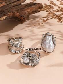 3pcs Set New Baroque Inlaid Asymmetric Geometric Vintage Silver Rings Set, Suitable For Women's Daily And Party Wear - Silver - View 6
