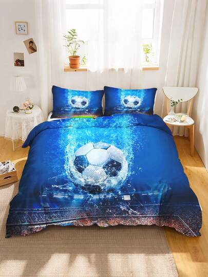 2/3pcs Stadium Underwater Soccer Kids Bedding Set, Water Splash Soccer Ball Print Duvet Cover, Soft Lightweight Sports Theme Bed Set With Pillowcases, Double Super King Queen Single Size Printed Soft Reversible Comforter Covers Gifts For Kids Teens Boys Girls Room Decor All Seasons With Zipper Clips