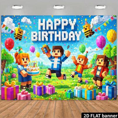 1 Happy Birthday Pixel Themed Party Background, Polyester Blend Wall Banner, Multifunctional Celebration Background With Loop And String, Suitable For Birthdays, Anniversaries, Graduation Ceremonies, And Various Holidays. Various Sizes Are Available For Selection.