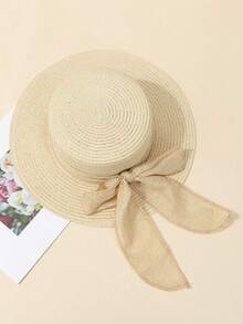 1pc Women's White Fashionable Versatile Flat Top Linen Bow Ribbon Sun Hat, Suitable For Beach Travel And Vacation - Multicolor - View 2