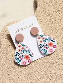 1 Pair Women's Spring/Summer Small Red Flower Blooming Floral Print Ceramic Texture Elegant Cute Stylish Acrylic Water Drop Earrings - Multicolor - View 5