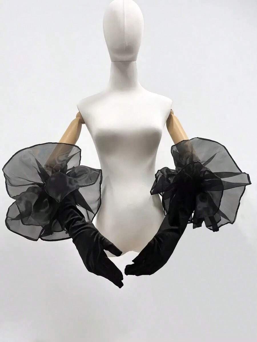 1 Pair Black, White, Floral Decor Gothic Style Long Over-Elbow Gloves, Suitable For Weddings, Parties, Halloween Autumn Accessories - màu đen - Xem 1