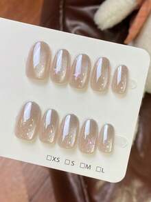 10片纯手工制作的按压式美甲，中号椭圆形美甲，香槟色美甲，梦幻星空风格，香槟渐变猫眼图案，手绘粉色星星，可爱简约的按压式美甲，适合女性和女孩，春夏秋冬节日派对及日常佩戴。 - 香檳色 - 查看 1