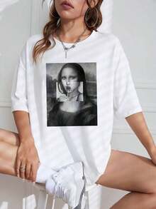 Camiseta con estampado de la Mona Lisa de cuello caído para mujeres - Blanco - Ver 1