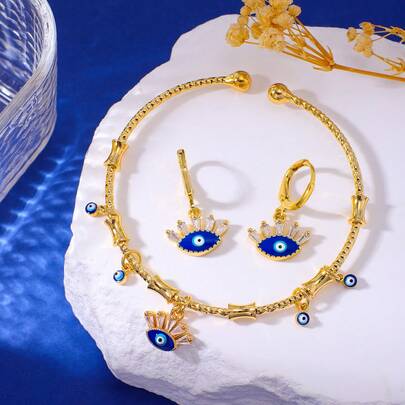 1pc 18K Gold Plated Enamel Bangle & 1 Pair Earrings Luxury Jewelry Set, Fashionable Turkish Blue Eye Daily Accessories For Women