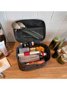 Large Capacity Leopard Print Makeup Bag, Portable Travel Cosmetic Organizer, Fashionable New Minimalist Style - Multicolor - View 5
