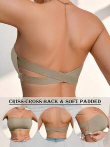 Lencería de mujer gris con espalda cruzada, sujetador bandeau sin tirantes, con relleno extraíble, sujetador sin relleno - Gris - Ver 4