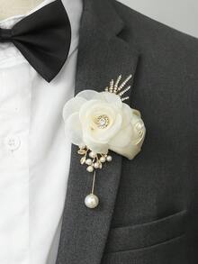 1pc Corsage + 1pc Wrist Flower, Korean Style White & Beige Rose Wrist Flower Suitable For Bride, Bridesmaid, Wedding, Prom, Party, Daily Wear - White - View 5