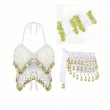 一套手工亮片串珠流苏吊带背心，搭配多色金属面料闪光腰裙；一对多色人像金属硬币雪纺手链；适合肚皮舞表演、派对、海滩、波西米亚复古风格。 - 彩色 - 查看 20