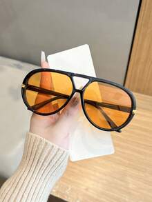 1pc Women's Casual Retro Double-Bridge Aviator Style Large Frame Orange Fashion Glasses, Suitable For Daily Wear And Street Photography - Multicolor - View 7