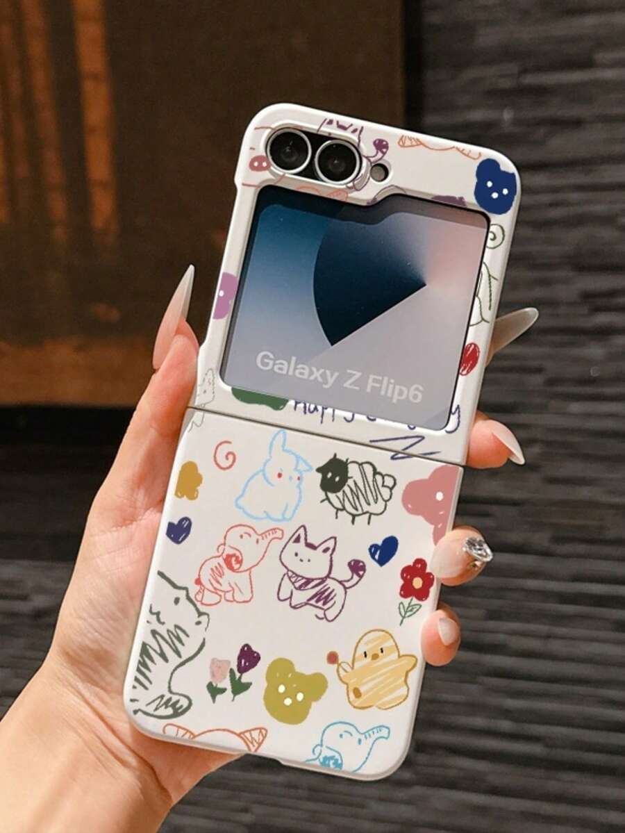 1pc Fashionable And Simple Skin Feel PC Material Cute And Simple Lines Animal Elements Folding Phone Case, Can Protect And Prevent Falling For: SamsungGalaxy Zflip 3/Zflip 4/Zflip 5/Zflip 6/Zflip 7/ Find N3 Flip/ Razr 50 Ultra/ Razr 60 Ultra/ Razr 60/ Razr 50/XiaomiMIX Flip/Galaxy Z Flip7 FE - White - View 1