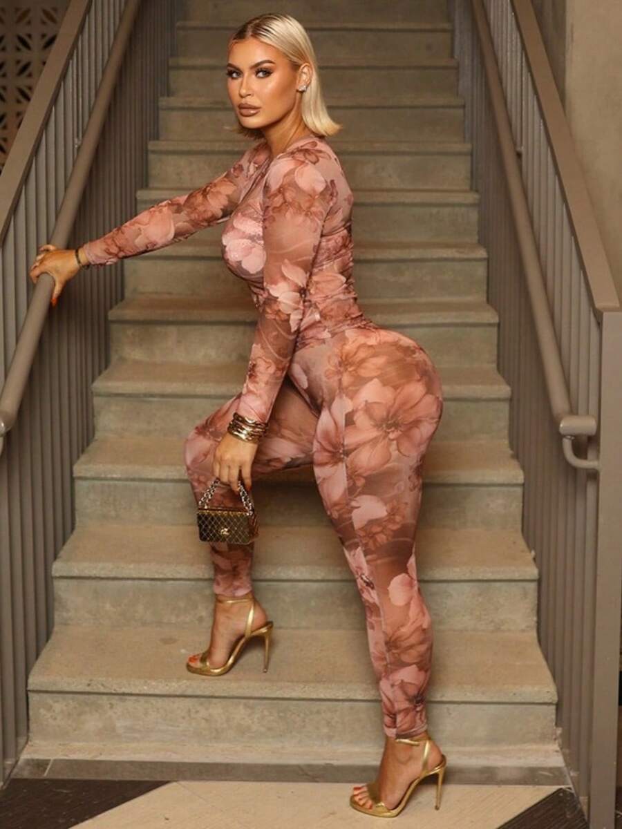 Women's Sheer Mesh Floral Print 2 Piece Outfits Long Sleeve Crew Neck Bodycon Top & High Waist Skinny Pants Set Sexy See Through Clubwear - Hồng - Xem 1