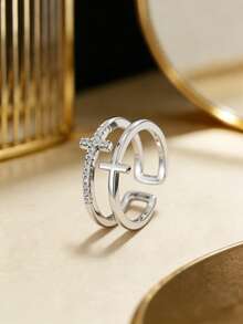 1枚时尚优雅个性化简约风格双层十字设计女士戒指，可调节开口戒圈，奢华鸡尾酒戒指，适合日常休闲佩戴 - 彩色 - 查看 5