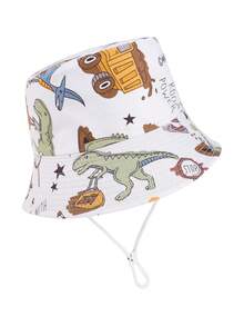 1pc Kids Bucket Hat With Cartoon Dinosaur & Excavator Pattern, Unisex Infant/Toddler Sun Hat For Daily Outdoor Activities, Beach, UV Protection - White - View 6