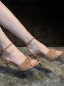 Giày sandal cao gót mũi nhọn, bèo nhún, khóa kim loại, kiểu dáng gợi cảm dành cho nữ, mẫu mới mùa hè. - màu nâu - Xem 3