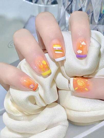 24pcs Press On Nails Short French Nails Y2k Orange Nails Square Fashion Ombre Glitter Geometric Stripes Sun Flower Cloud Pattern Simple Reusable Press On Acrylic Nails Fake Nails Supplies Free Of 24 Pieces Of Jelly Tabs And A Mini File