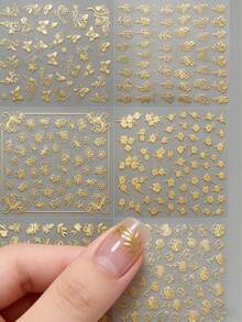 6片复古金色箔纸美甲贴纸 - 3D立体牡丹花玉叶图案，自粘式花瓣叶片滑贴，Y2K风格美甲装饰，送给女性朋友的DIY礼物 - 金色 - 查看 4