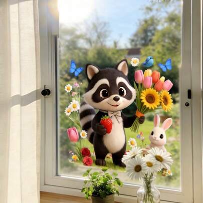 1/4pcsCute Animal And Floral Window Decals, Made Of Reusable PVC Material, With Electrostatic Adsorption, Suitable For Coffee Shops, Bedrooms, Living Rooms, Kitchens, And All-Season Home Decor.