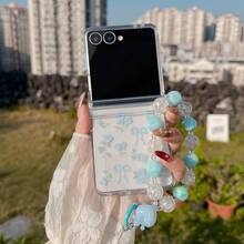 Transparent Blue Rose Bow Print Folding Phone Case With Chain, Suitable For Samsung Galaxy Z Flip3 5G/Galaxy Z Flip 4 5G/Galaxy Z Flip 5 5G/Galaxy Z Flip 6 5G/Galaxy Z Flip 7 5G, Fashionable Women Folding Phone Case - Multicolor - View 5