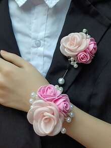 1pc Chest Flower + 1pc Wrist Flower, Pink Series, Korean Style Bridesmaid/Groomsman Chest Flower And Wrist Flower, Faux Rose, Wedding/Party/Photo Decoration - Multicolor - View 1
