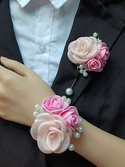 1pc Chest Flower + 1pc Wrist Flower, Pink Series, Korean Style Bridesmaid/Groomsman Chest Flower And Wrist Flower, Faux Rose, Wedding/Party/Photo Decoration