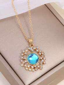 Women's Fashionable O-Shaped Rhinestone Inlaid Alloy Planet Necklace, Suitable For Autumn/Winter, Ins Style - Gold - View 2