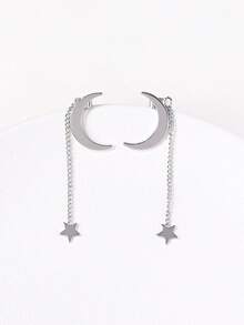 1 Pair Elegant Star & Moon Design Earrings, Minimalist Chic Lightweight Tassel Front & Back Earrings, Versatile Daily Wear - Earrings - View 4