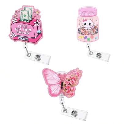 1 Set (4pcs) Cute Acrylic Butterfly ID Badge Reel, Shiny Work Tag Badge Holder With Rotating Clip, Nurse Assistant ID Card Holder, Suitable For Healthcare Workers, Office Ladies, Teachers, Nurses, Nannies, Nurse's Day Office Gift (Pink)