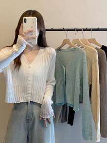 1pc Black, White, Beige, Green Lightweight V-Neck Knit Cardigan With Frill Trim, Long Sleeve Shawl - Multicolor - View 8