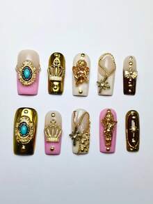 10pcs Short Square Handmade Nails, Cute Y2K Pink Gold French Acrylic Nails, 3D Angel Crown Cross Gem Chain Design, Stylish Nail Set, Summer & Valentines Wear, For Women And Girls - 金色 - 查看 2