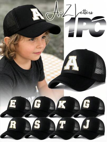 1顶儿童美国队26字母网眼卡车帽，透气防晒棒球帽，多种字母可选，独特设计，适合5-10岁男孩日常佩戴、上学和户外活动，是生日和返校季的时尚之选。