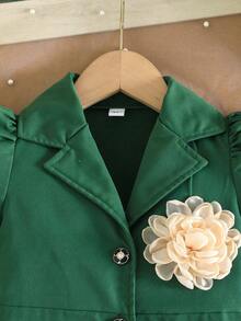Girls Embroidered Dress, Elegant Lapel Formal Occasion Outfit - Green - View 3