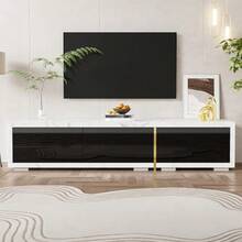 Modern TV Unit, Variable Length (140 - 260 Cm) With Rotating Function, White Marble Texture, Matte Black Finish, Gold Finish. - Black - View 10