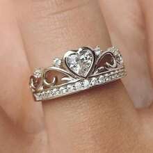 1 pieza Anillo con corona en forma de corazón de moda, anillo de compromiso, regalo de boda - Plateado - Ver 6